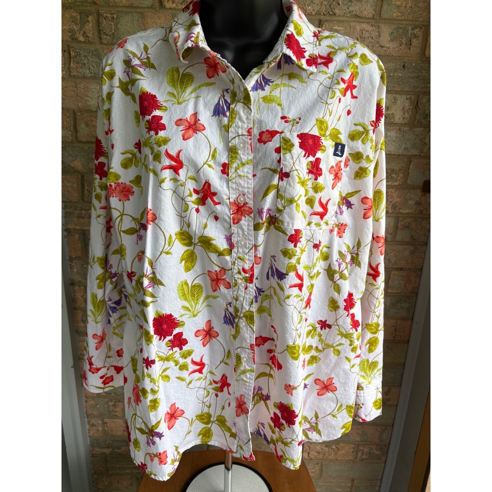 Lands End Womens Small Floral Cotton Button Down Shirt Long Sleeve White Red